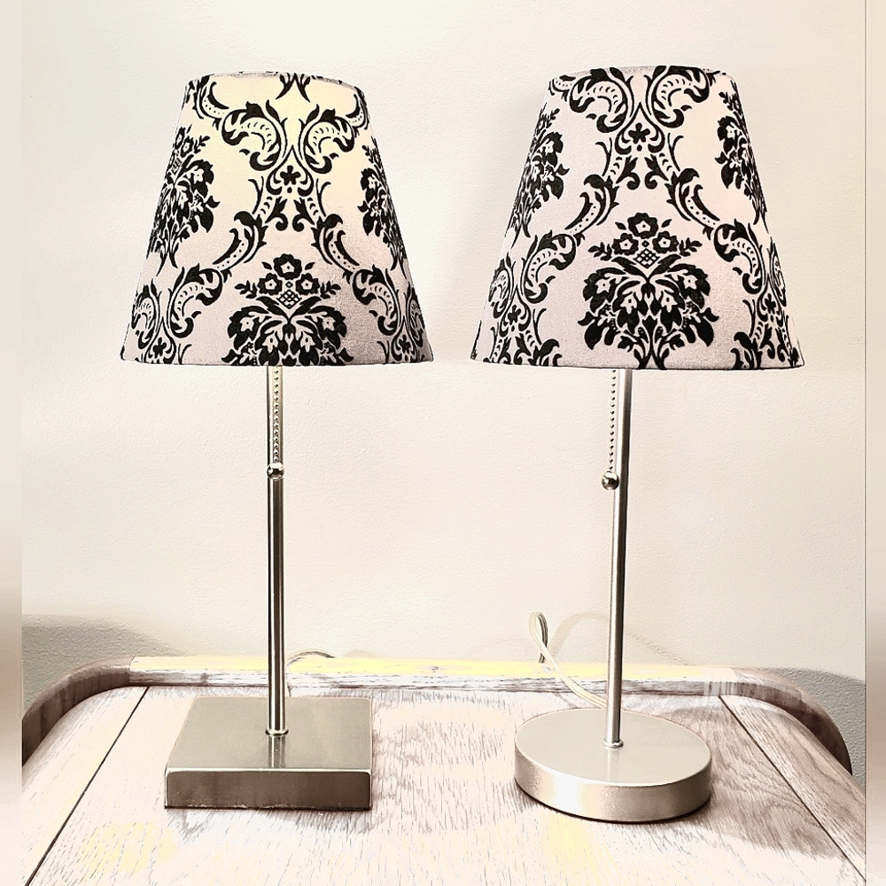 Pair of Black and Gray Damask  Table Lamps.